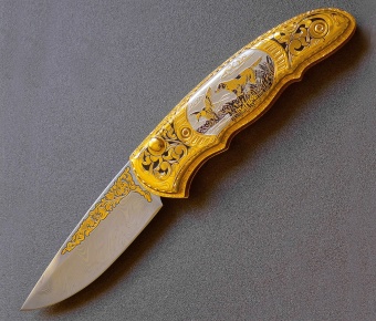 Нож складной дамасский "Охота на уток' № 3. Златоуст