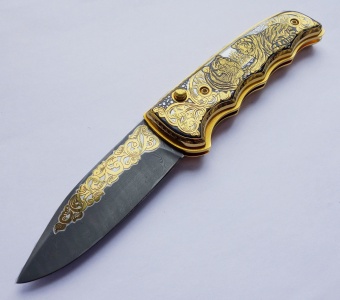 Нож складной дамасский "Два тигра". Златоуст